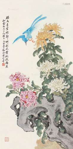 黄山寿（1855～1919） 1909年作 瑞鸟菊石图 镜片 设色纸本