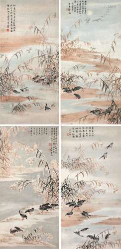 吴青霞（1910～2008） 1948年作 芦雁图 四屏镜框 设色纸本