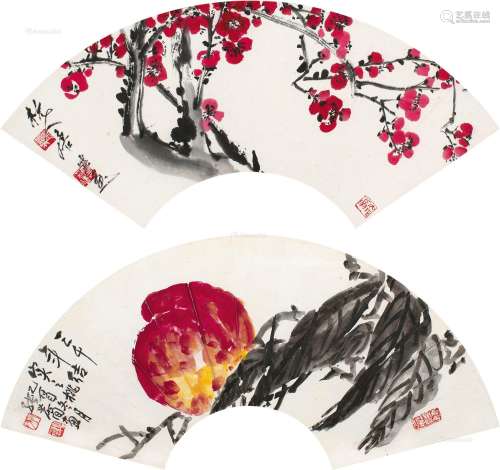 唐云（1910～1993）张世简（1926～2009） 2005年作 红梅迎春 三千年结实之桃 镜框 设色纸本