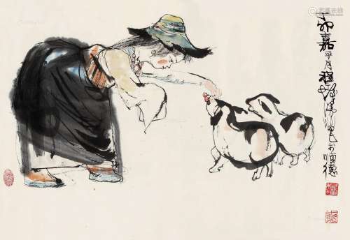 程十发（1921～2007） 1987年作 饲羊图 镜片 设色纸本