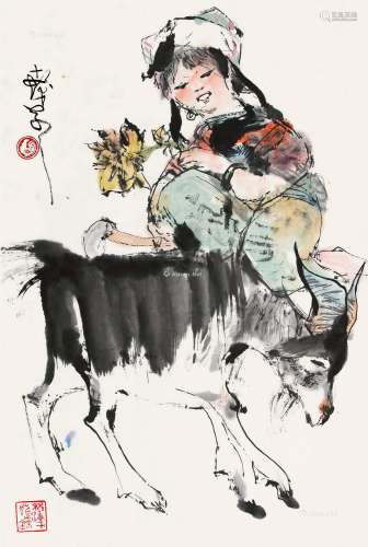 程十发（1921～2007） 少女与羊 立轴 设色纸本