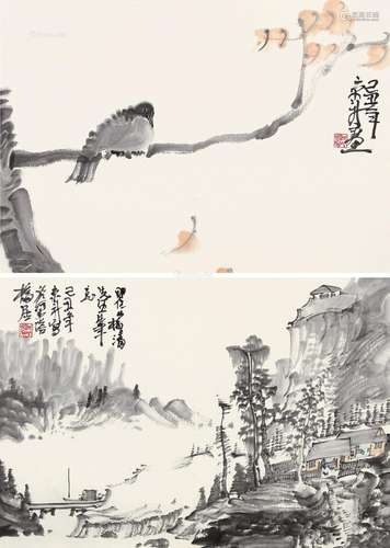 周京新（b.1959） 2009年作 山水花鸟 （二帧） 镜片 设色纸本