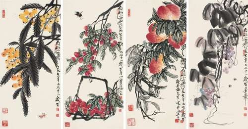 齐良芷（b.1931） 2001年作 花卉 四屏镜片 设色纸本