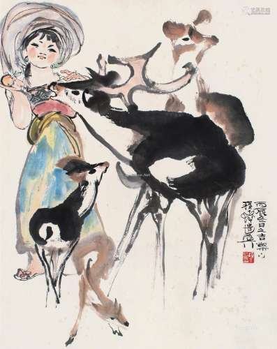 程十发（1921～2007） 1976年作 少女与鹿 立轴 设色纸本