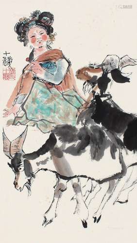 程十发（1921～2007） 少女与羊 立轴 设色纸本