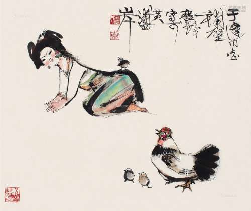程十发（1921～2007） 少女与鸡 立轴 设色纸本