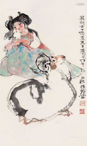 程十发（1921～2007） 1978年作 少女与羊 立轴 设色纸本