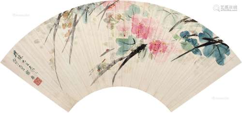 谢稚柳（1910～1997） 1936年作 芙蓉蜻蜓图 扇面 设色纸本