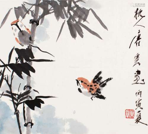 唐云（1910～1993） 1986年作 竹雀图 镜片 设色纸本
