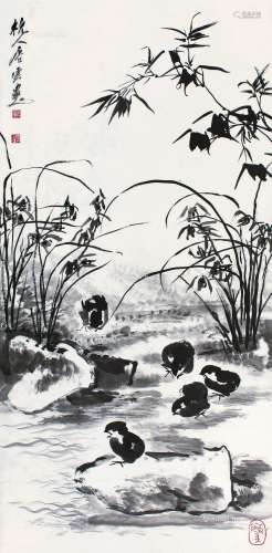 唐云（1910～1993） 竹兰雏鸡 立轴 水墨纸本