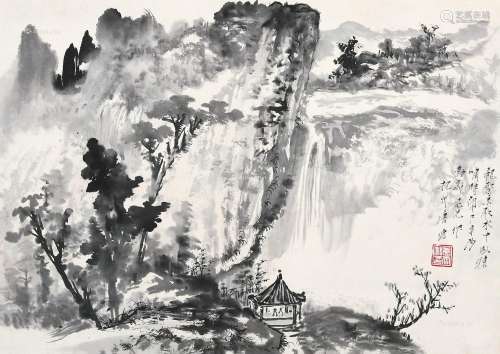 唐云（1910～1993） 溪山飞瀑图 镜片 水墨纸本