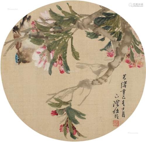 任伯年（1840～1895） 1881年作 海棠栖雀 团扇片 设色绢本
