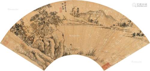 程嘉燧（1565～1643） 1638年作 秋江泛舟 扇片 水墨金笺