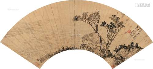 李流芳（1575～1629） 江深草阁 扇片 水墨金笺