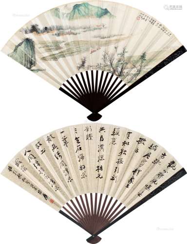 张大千（1899～1983） 春江泛舟·行书 成扇 设色纸本