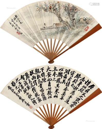 金梦石（1869～1948后）郑孝胥（1860～1938） 1923年作 秋江泛舟图 行书 成扇 设色纸本