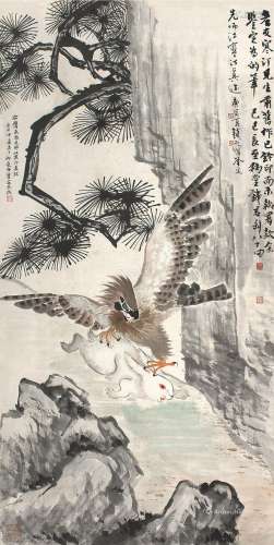 江寒汀（1904～1963） 松荫鹰兔 立轴 设色纸本