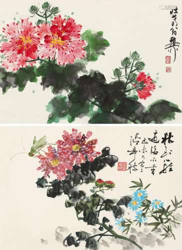 谢稚柳（1910～1997）张辛稼（1909～1991） 1979年作 芙蓉 秋趣 双挖立轴 设色纸本