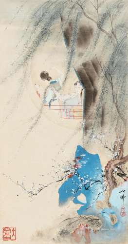 胡也佛（1908～1980） 柳塘佳人 镜片 设色纸本