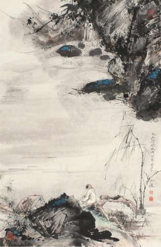 胡也佛（1908～1980） 1979年作 秋江泛舟图 立轴 设色纸本
