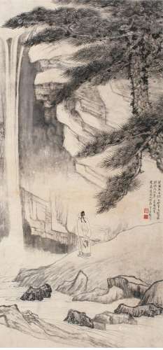 张大千（1899～1983） 1938年作 松荫观瀑图 镜片 水墨纸本