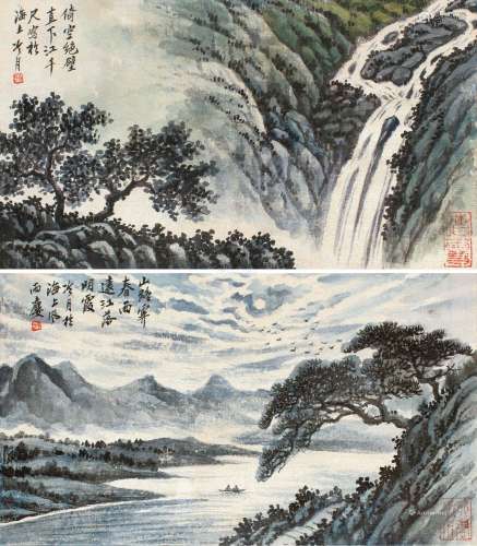 陶冷月（1895～1985） 山水 （两幅） 镜框 设色纸本