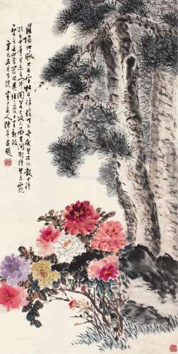 陈半丁（1877～1970） 1941年作 松寿牡丹 立轴 设色纸本