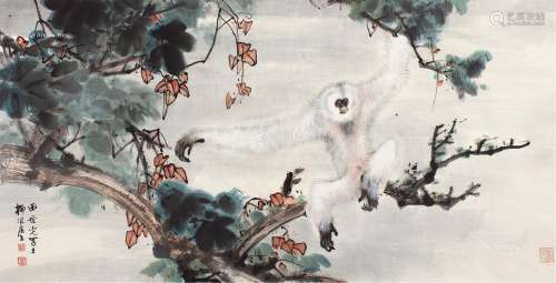 田世光（1916～1999） 猿戏图 镜片 设色纸本