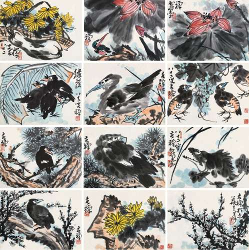 李苦禅（1899～1983） 花鸟册 册页 （十二开） 设色纸本