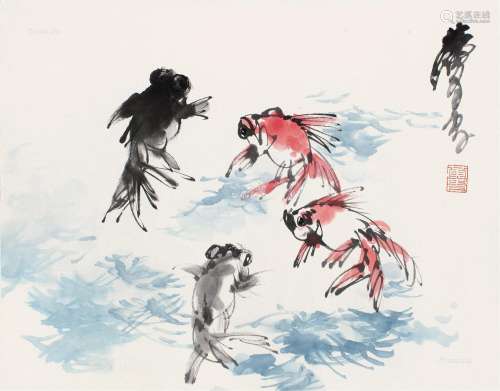 黄胄（1925～1997） 鱼乐图 镜片 设色纸本