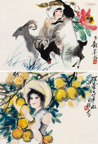 周昌谷（1929～1986） 人物 （二帧） 镜片 设色纸本