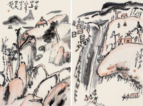 丁衍庸（1902～1978） 1974年作 山水对屏 镜框 设色纸本