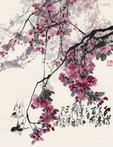 马自强（1922～2012） 1983年作 桃花春燕 镜框 设色纸本