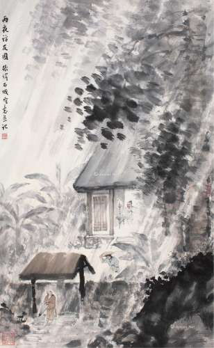 张伟（b.1948） 雨夜访友图 立轴 设色纸本