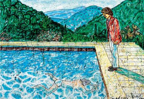 MADSAKI（B.1974 ） 2020年作 艺术家肖像（游泳池与两个人像）II（灵感自戴维·霍克尼） 镜框 胶印版画