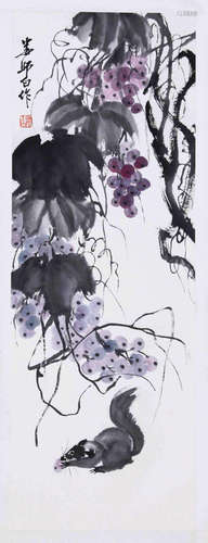 Chinese Painting Of Squirrel And Grape, Lou Shibai