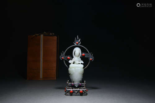 Chinese White Jade Guanyin On Silver Stand