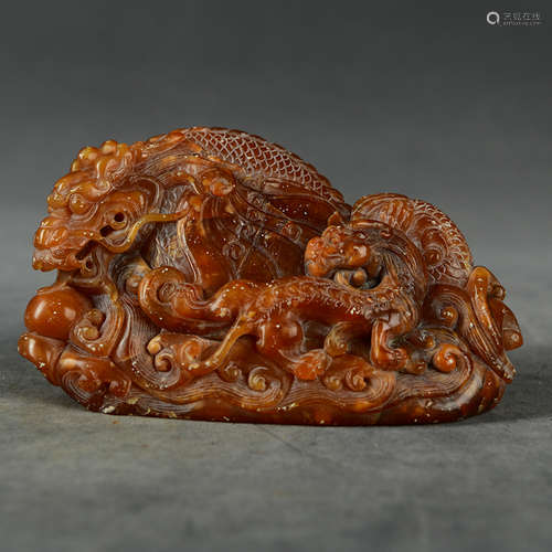 Chinese Yellow Soapstone Carved Dragon Boulder