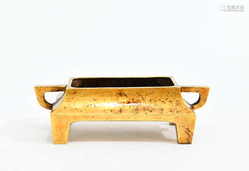 Chinese Gilt Bronze Twin Ear Censer, Marked