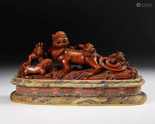 Chinese Hardwood Carved Beast Scene