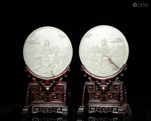 Chinese White Jade Plaque Table Screens, Pair