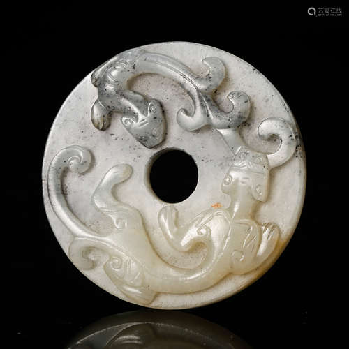 Chinese Grey And White Jade Chilong Pendant