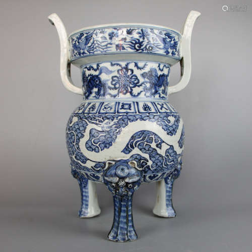 Chinese Blue White Dragon Porcelain Tripod Censer