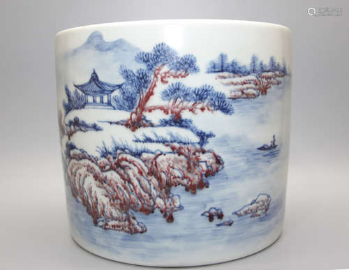 Chinese Blue White Iron Red Porcelain Brush Pot, M