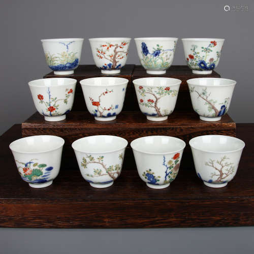 Chinese Wucai Porcelain Cups, Set Of 12, Marked,