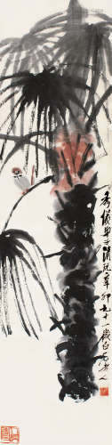齐白石（1863～1957） 1951年作 蒲葵小鸟 镜片 设色纸本