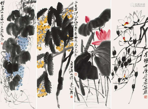 齐白石（1863～1957） 1945年作 1940年作 花果 四屏镜片 设色纸本