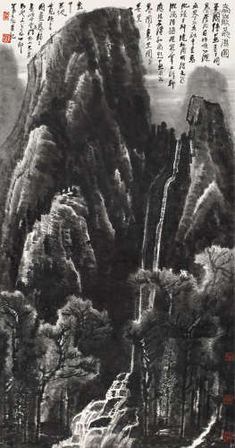 李可染（1907～1989） 1987年作 高岩飞瀑图 镜片 水墨纸本
