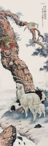 刘奎龄（1885～1967） 1939年作 吉羊神猿 镜片 设色纸本