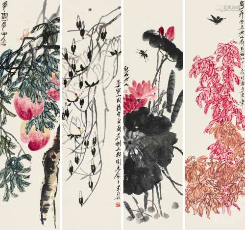 齐白石（1863～1957） 花果虫草 四屏镜片 设色纸本